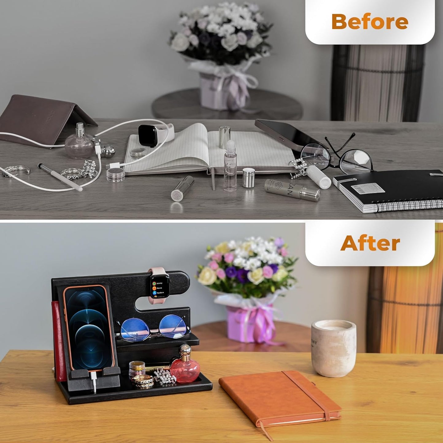 Wood Phone Docking Station - Nightstand Organizer - Desk Organizer for Husband - Gifts for Men, Dad - Idea for Anniversary from Wife - Key Holder - Stand Wallet & Watch (Beige)