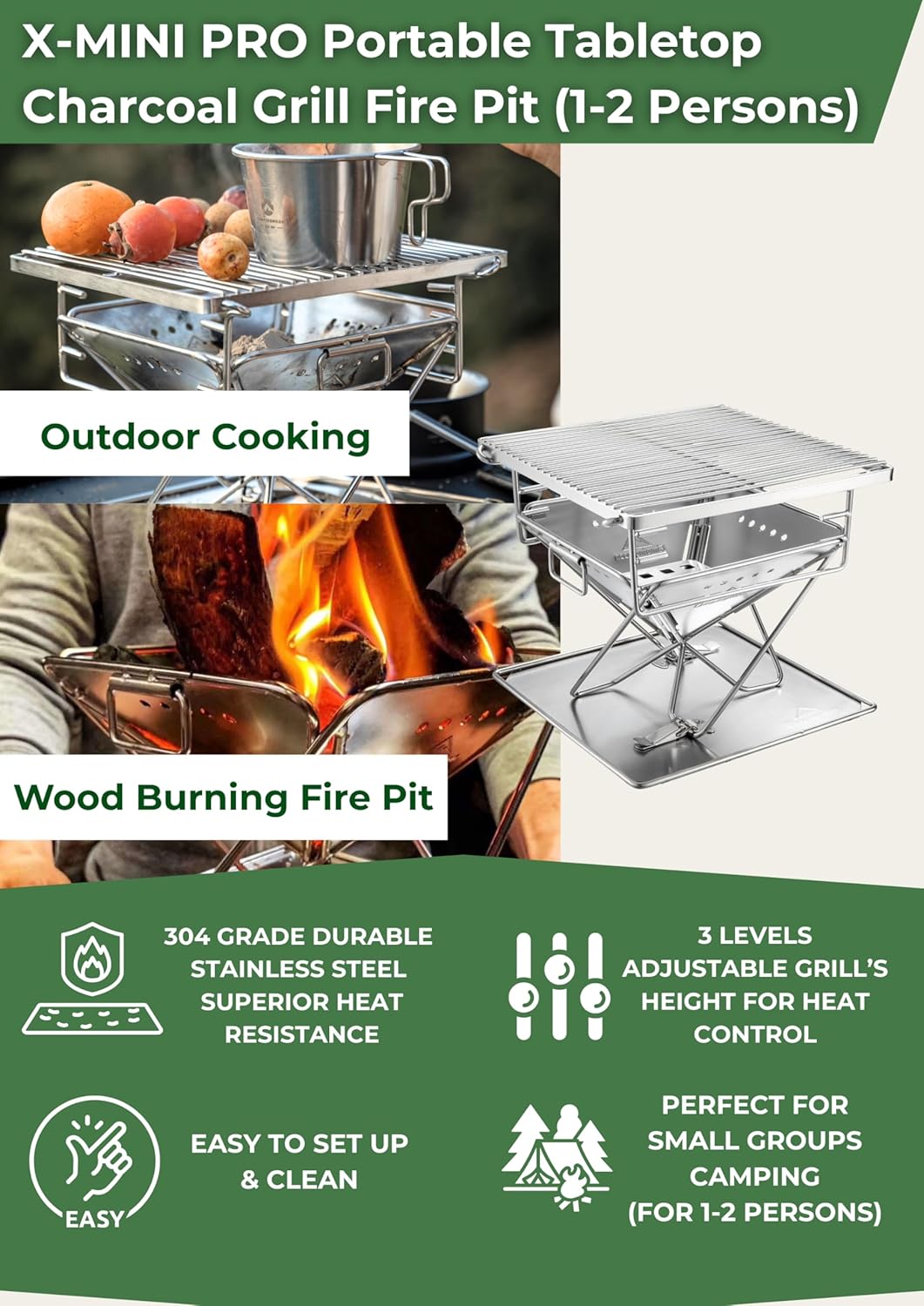 CAMPINGMOON Portable Charcoal Grill 9.65 Inch Stainless Stee