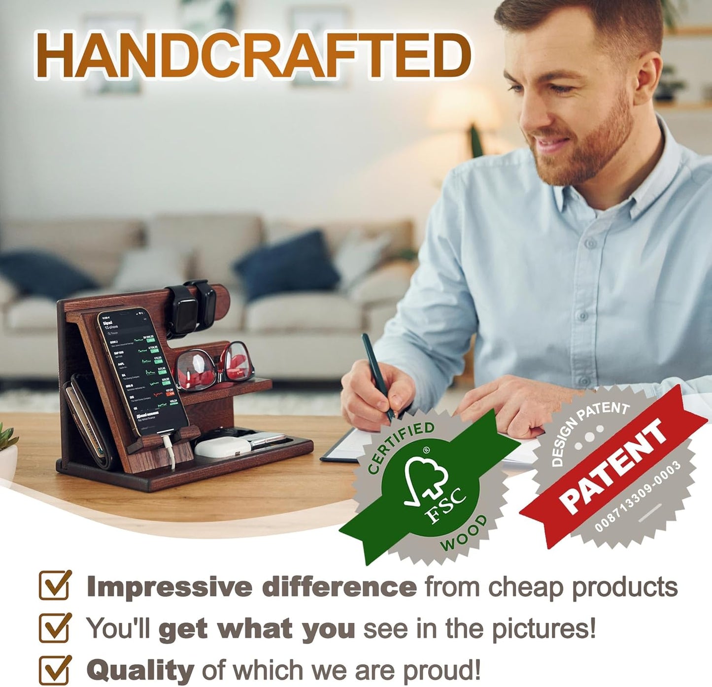 Wood Phone Docking Station - Nightstand Organizer - Desk Organizer for Husband - Gifts for Men, Dad - Idea for Anniversary from Wife - Key Holder - Stand Wallet & Watch (Beige)