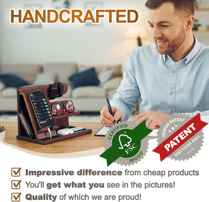 Wood Phone Docking Station - Nightstand Organizer - Desk Organizer for Husband - Gifts for Men, Dad - Idea for Anniversary from Wife - Key Holder - Stand Wallet & Watch (Beige)