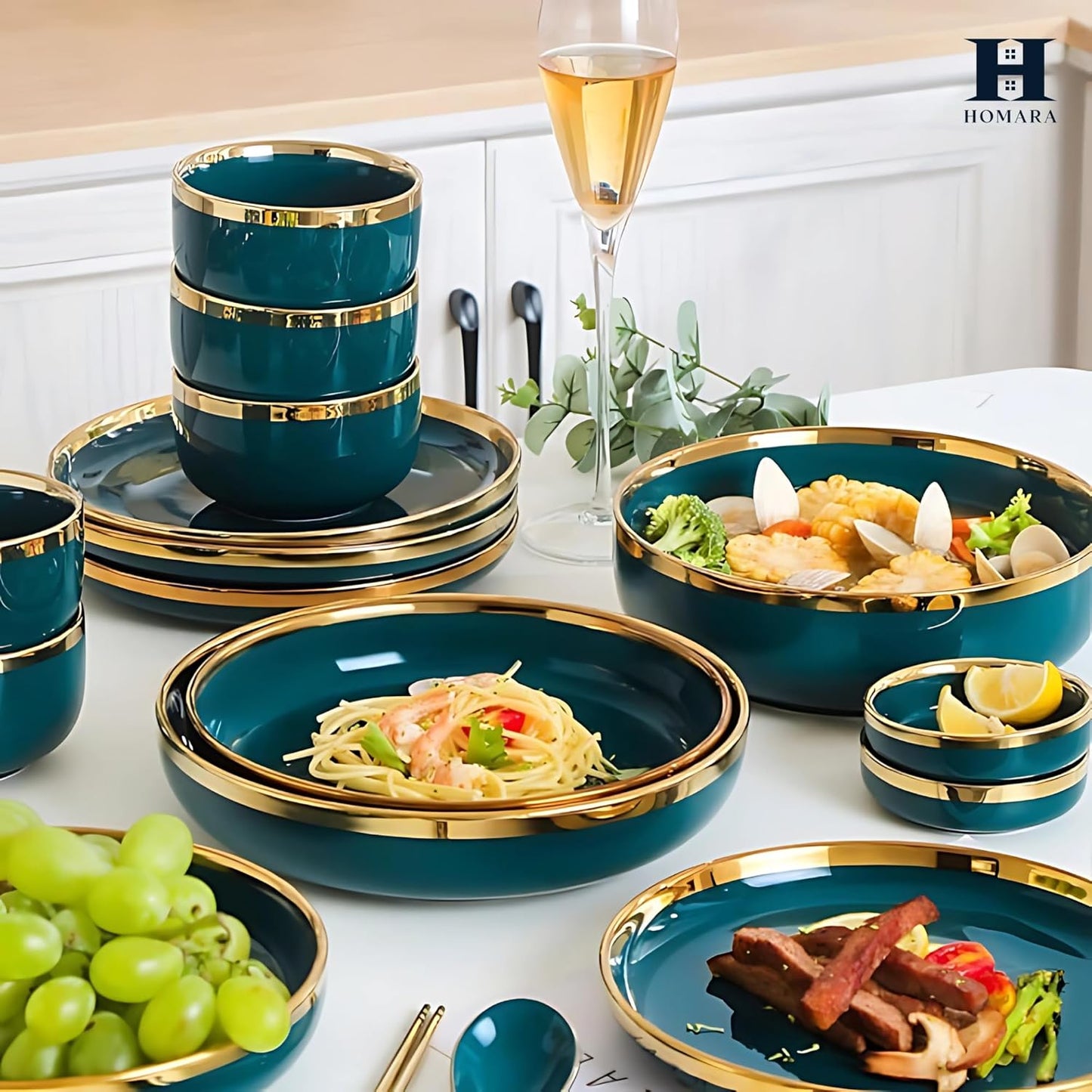 HOMARA - Green Dinner Set – 18-Piece Dinnerware Set for 4 with Gold Rim | Elegant, Durable, Microwave & Dishwasher Safe Plates, Bowls & Mugs for Home, Kitchen & Dining.