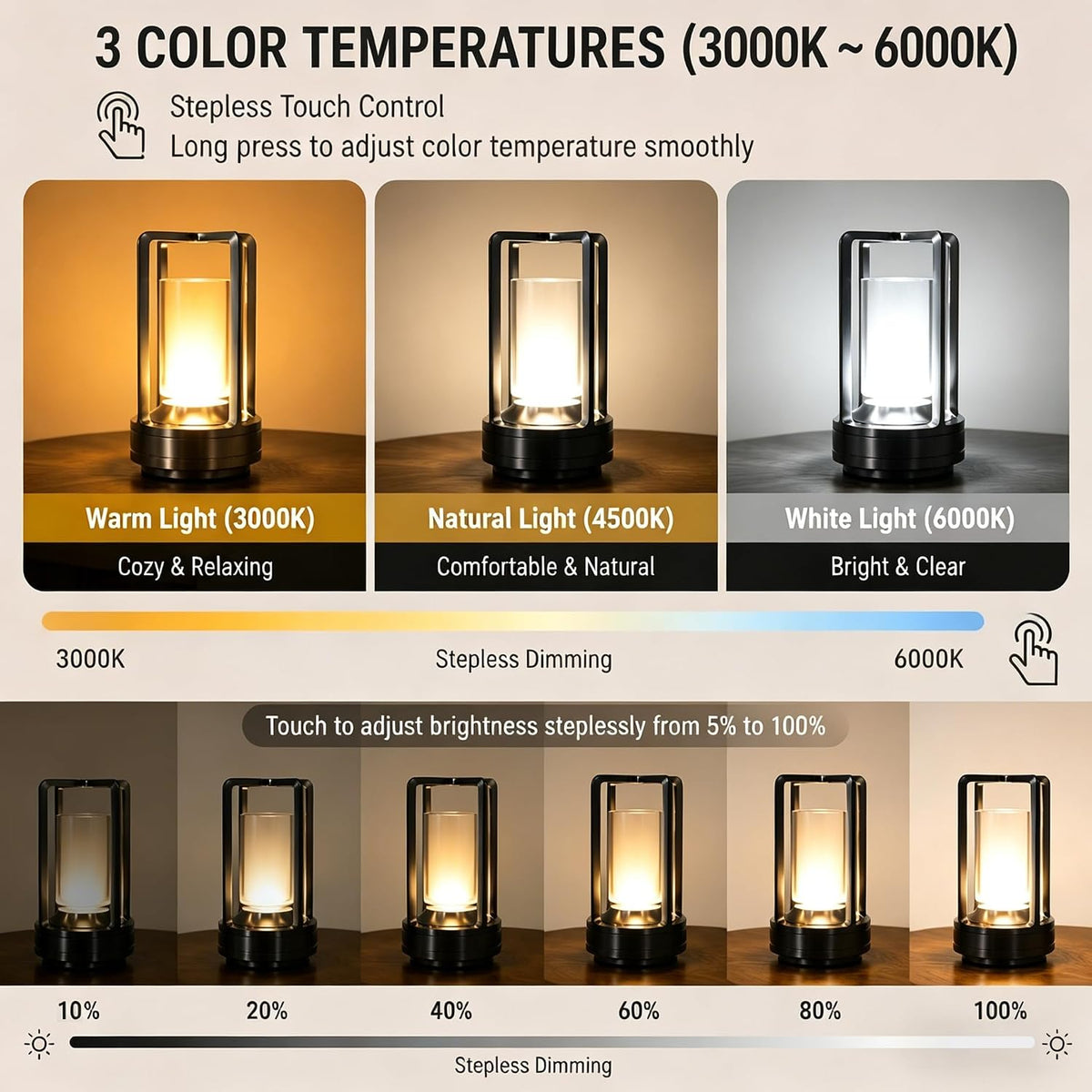 Cordless Table lamp Rechargeable Portable Metal Touch Small 