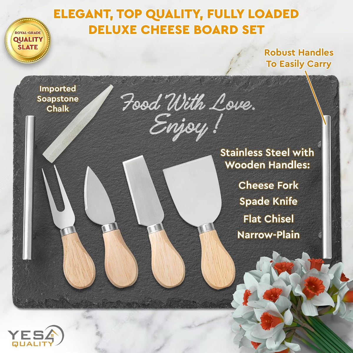 Slate Cheese Board Set - Deluxe Cheese Serving Tray with Sta