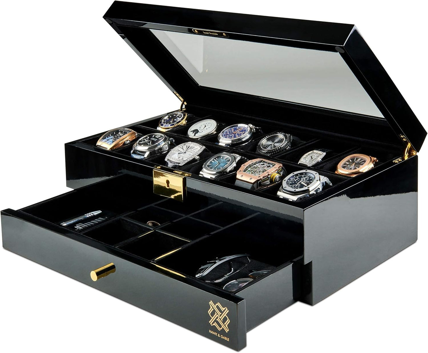 Luxury 12 Slot Watch Box Organizer, Glass Display and Metal Lock, Wide Compartments Fit Large Watches, Plush Velvet Lining, Men’s Jewelry Case, Black Piano Finish (Pearson Valet)