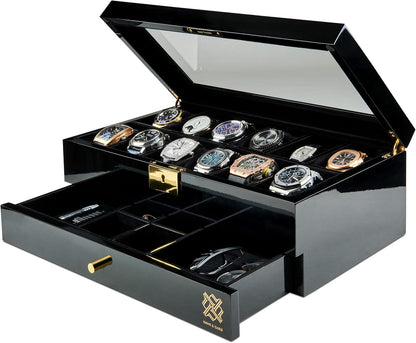 Luxury 12 Slot Watch Box Organizer, Glass Display and Metal Lock, Wide Compartments Fit Large Watches, Plush Velvet Lining, Men’s Jewelry Case, Black Piano Finish (Pearson Valet)