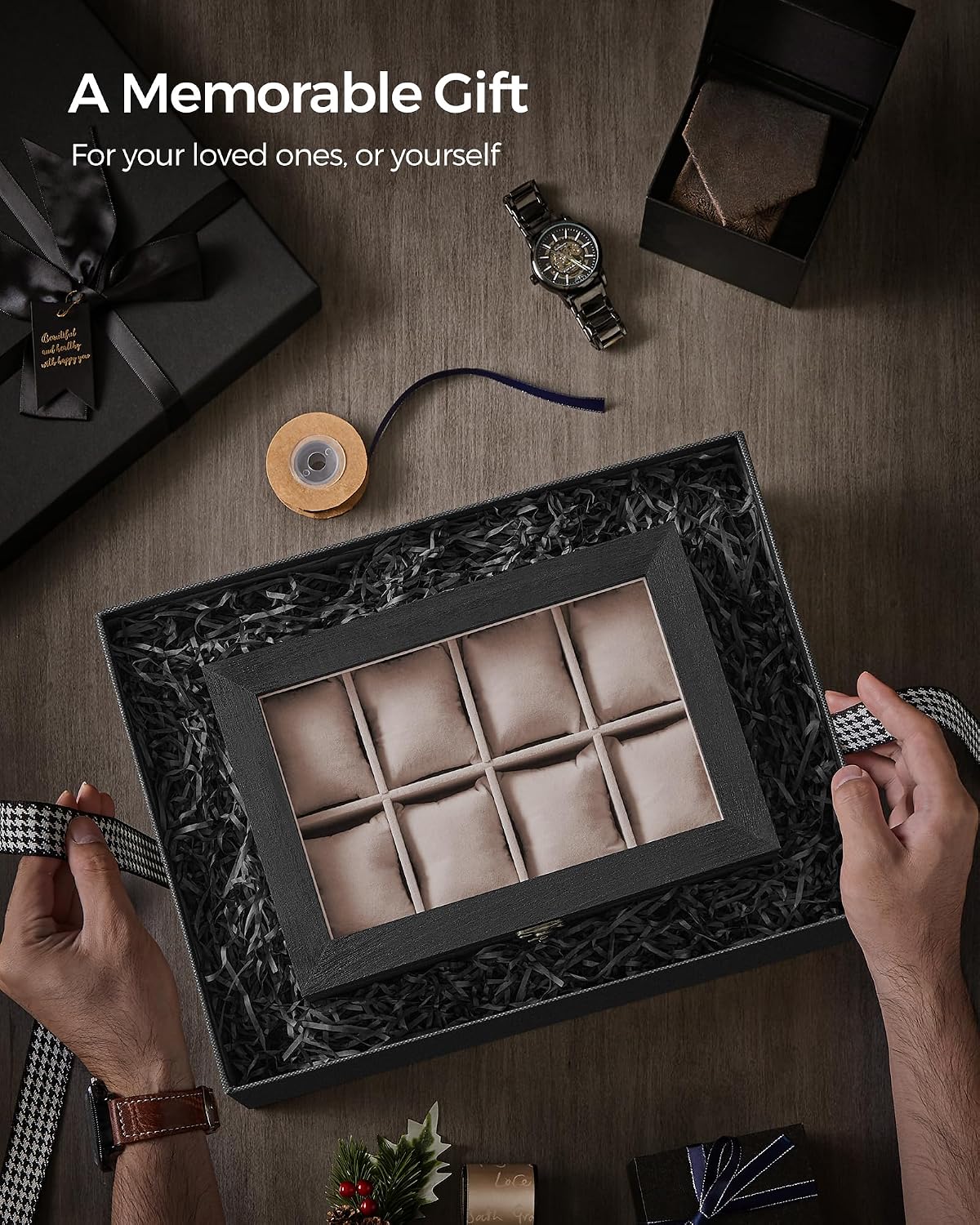 SONGMICS 8 Compartment Solid Wood Watch Box with Glass Lid