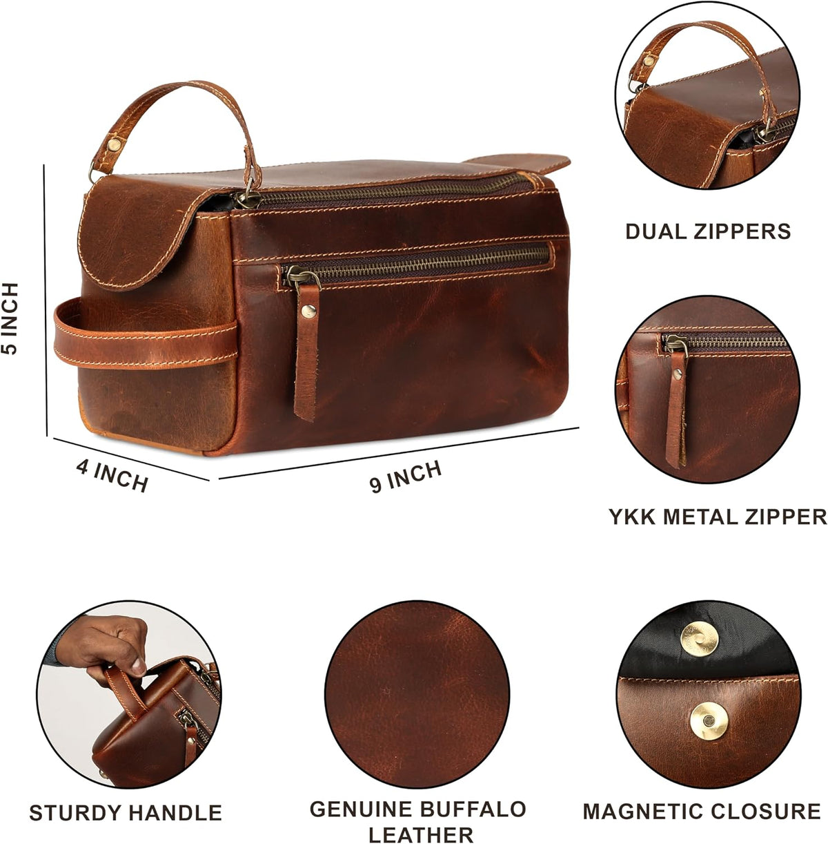 KomalC Premium Buffalo Leather Unisex Toiletry Bag Travel Do