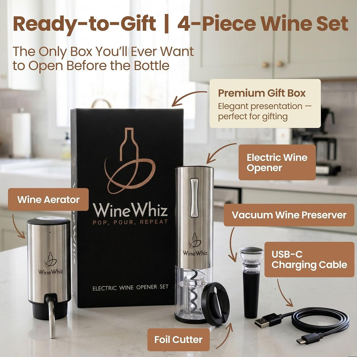 Electric Wine Aerator & Opener Set with Accessories