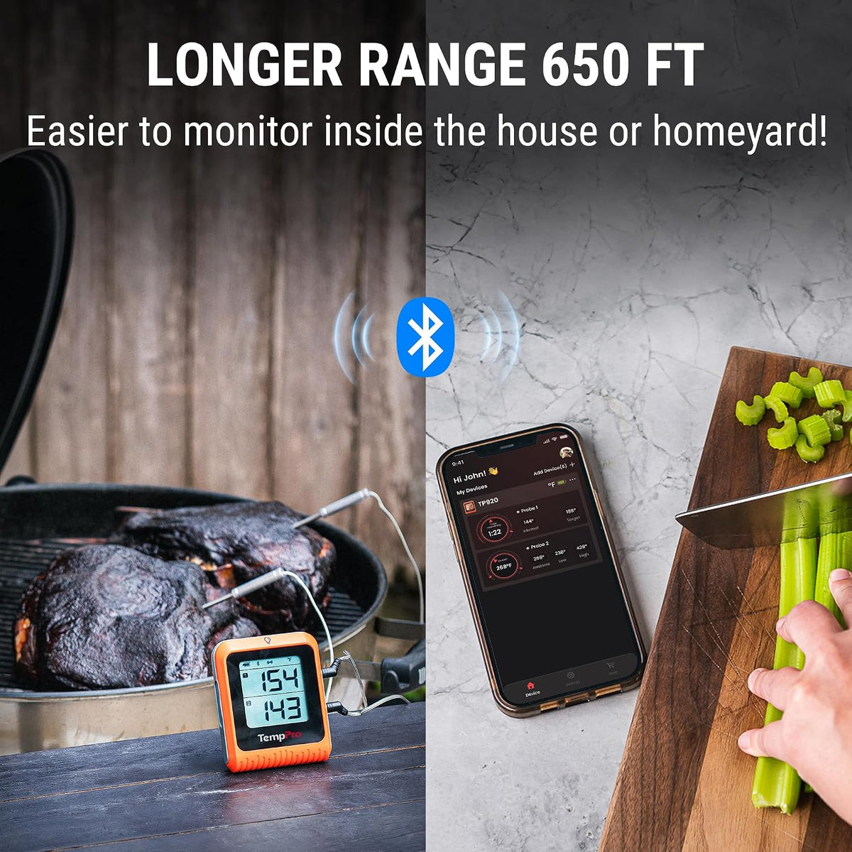TempPro TempSync 650 ft Bluetooth Meat Thermometer with 2 Pr