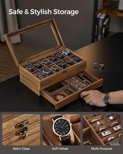 SONGMICS Wooden Watch Box with 12 Slots