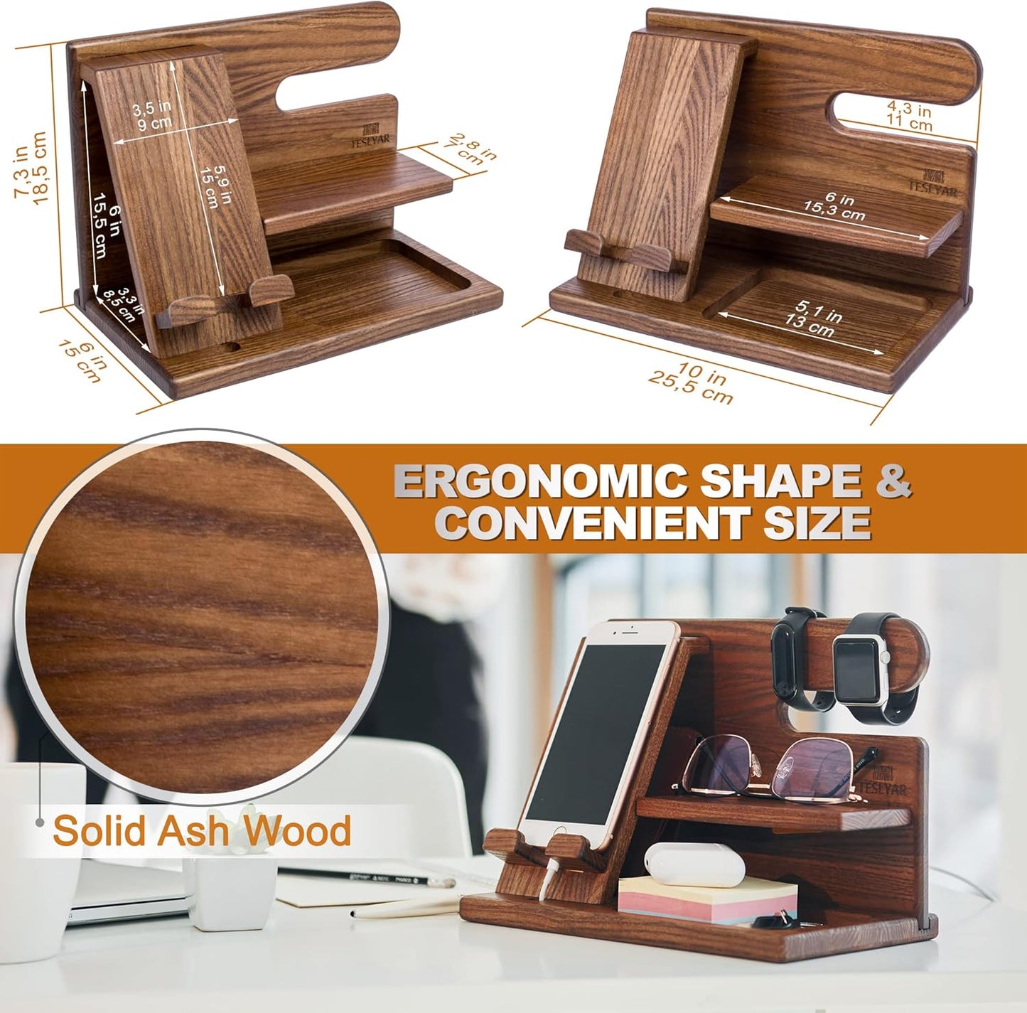 Wood Phone Docking Station - Nightstand Organizer - Desk Organizer for Husband - Gifts for Men, Dad - Idea for Anniversary from Wife - Key Holder - Stand Wallet & Watch (Beige)