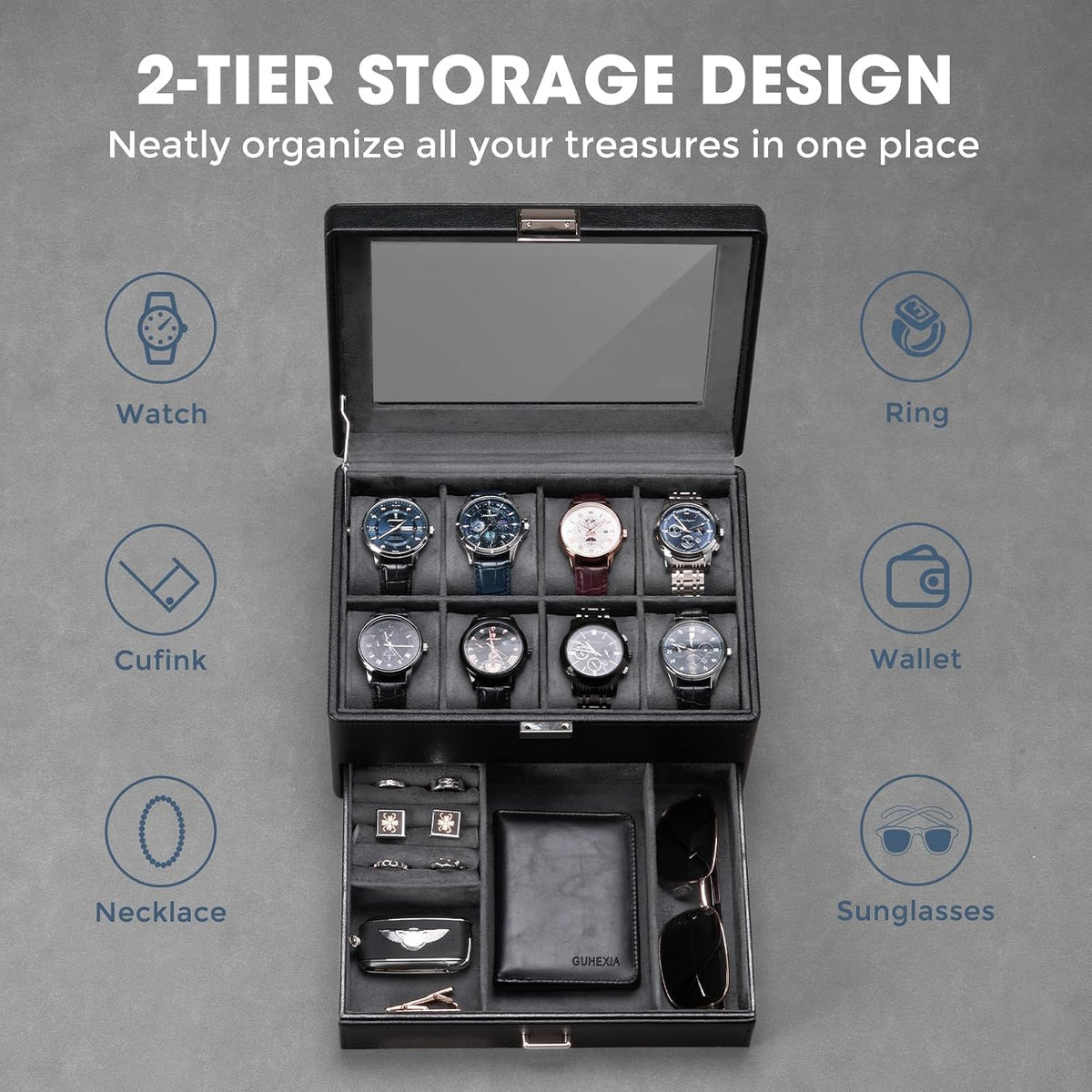 ProCase Watch & Jewelry Box with Drawer for Men -Black