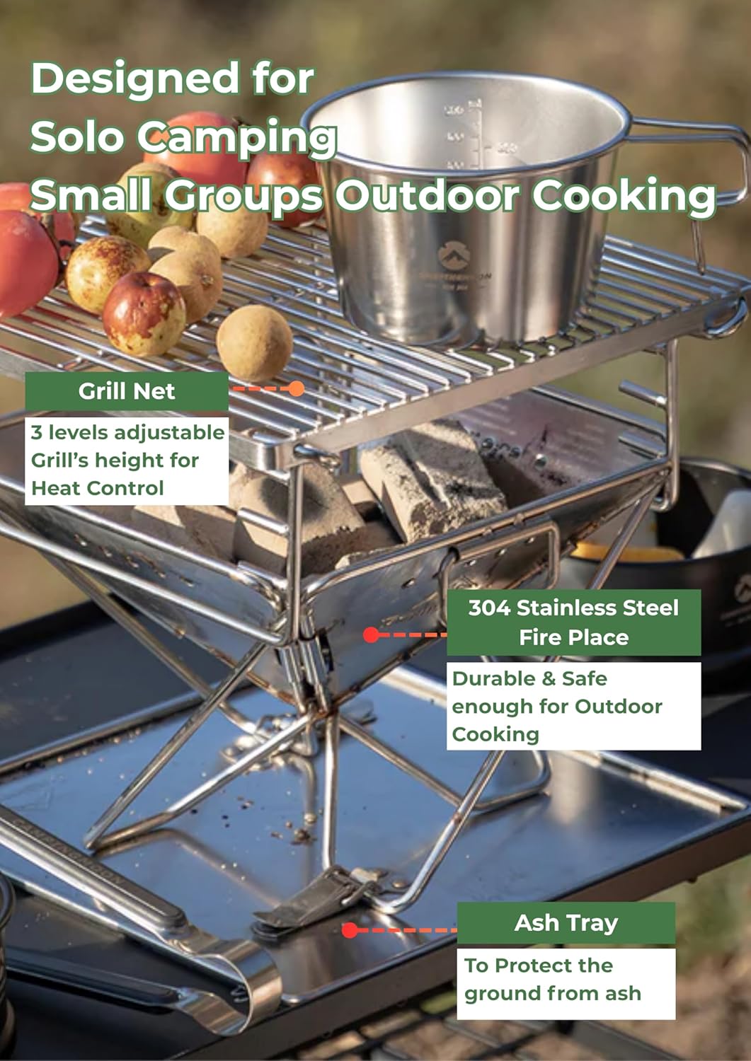 CAMPINGMOON Portable Charcoal Grill 9.65 Inch Stainless Stee