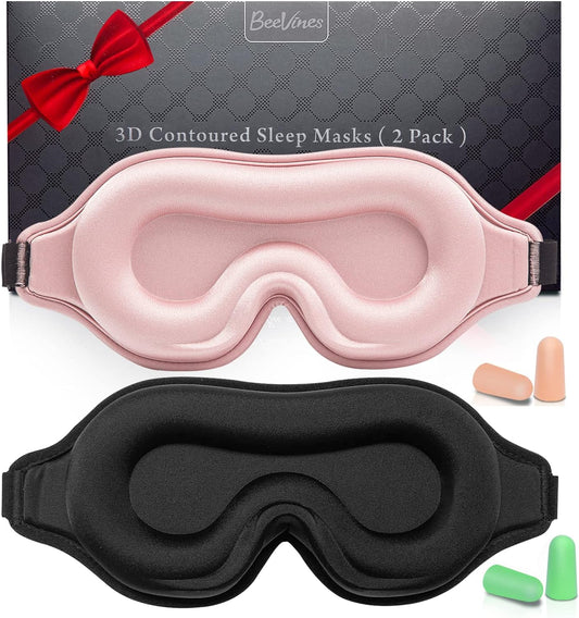 Sleep Mask for Men & Women, 2 Pack 3D Contoured Eye Mask for Sleeping with Adjustable Strap, BeeVines Molded Night Eye Sleep Mask Blindfold, Soft Breathable Eye Shade Cover for Travel Yoga Nap