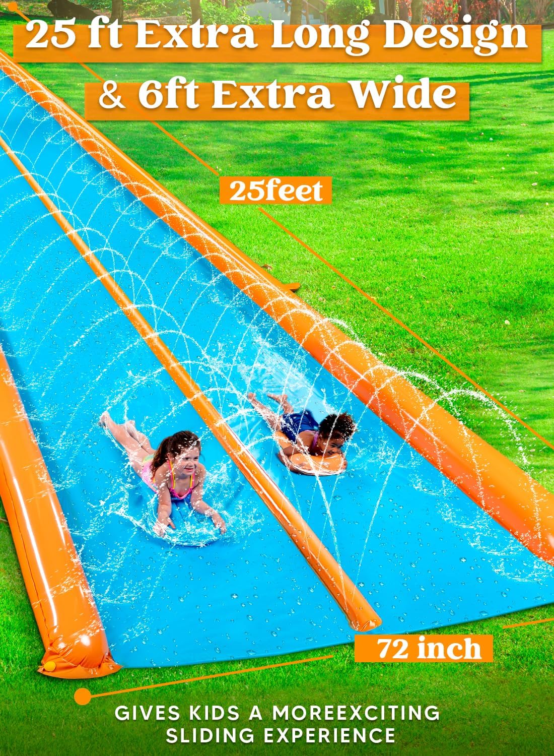 Sloosh Double Lane Water Slide,25ft x 6ft Heavy Duty Lawn Water Slip and Slide with Sprinkler and 2 Inflatable Boards for Adult Kids Party Summer Yard Outdoor Play Activities