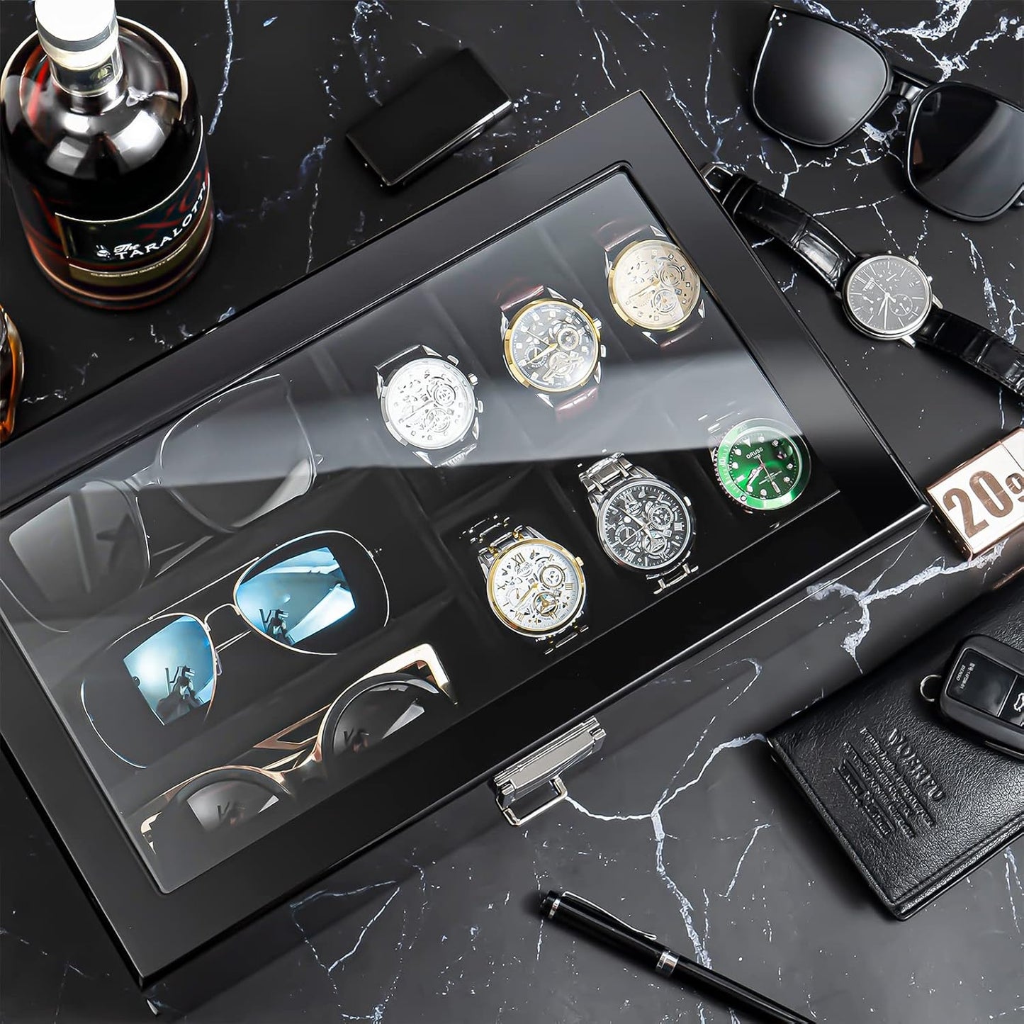 Lacquered Finish Wooden Men's Jewelry Box, Watch and Sunglasses Box Organizer for Men, 2-Tier Watch Holder Display Cases with Clear Glass Top and Storage Drawer