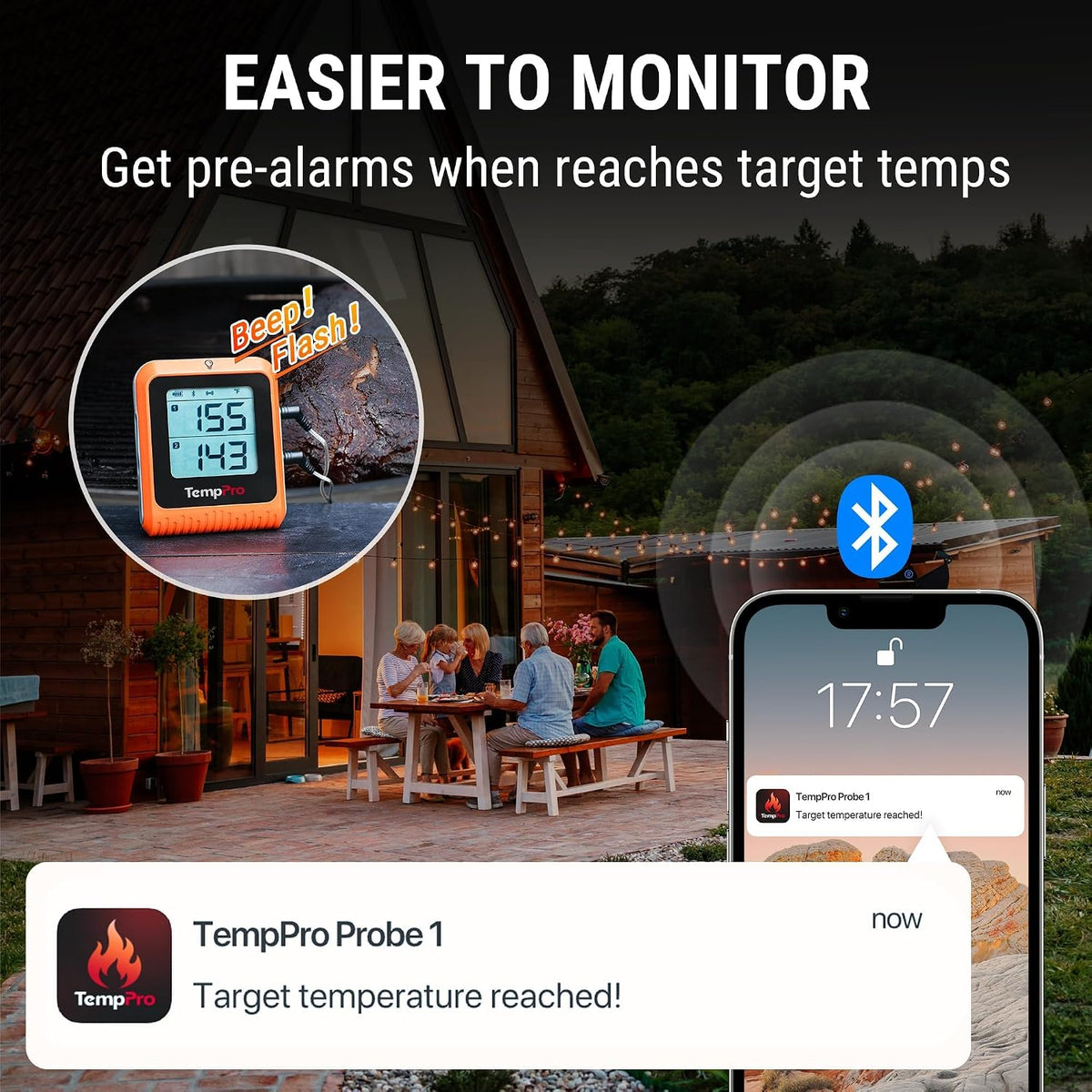 TempPro TempSync 650 ft Bluetooth Meat Thermometer with 2 Pr