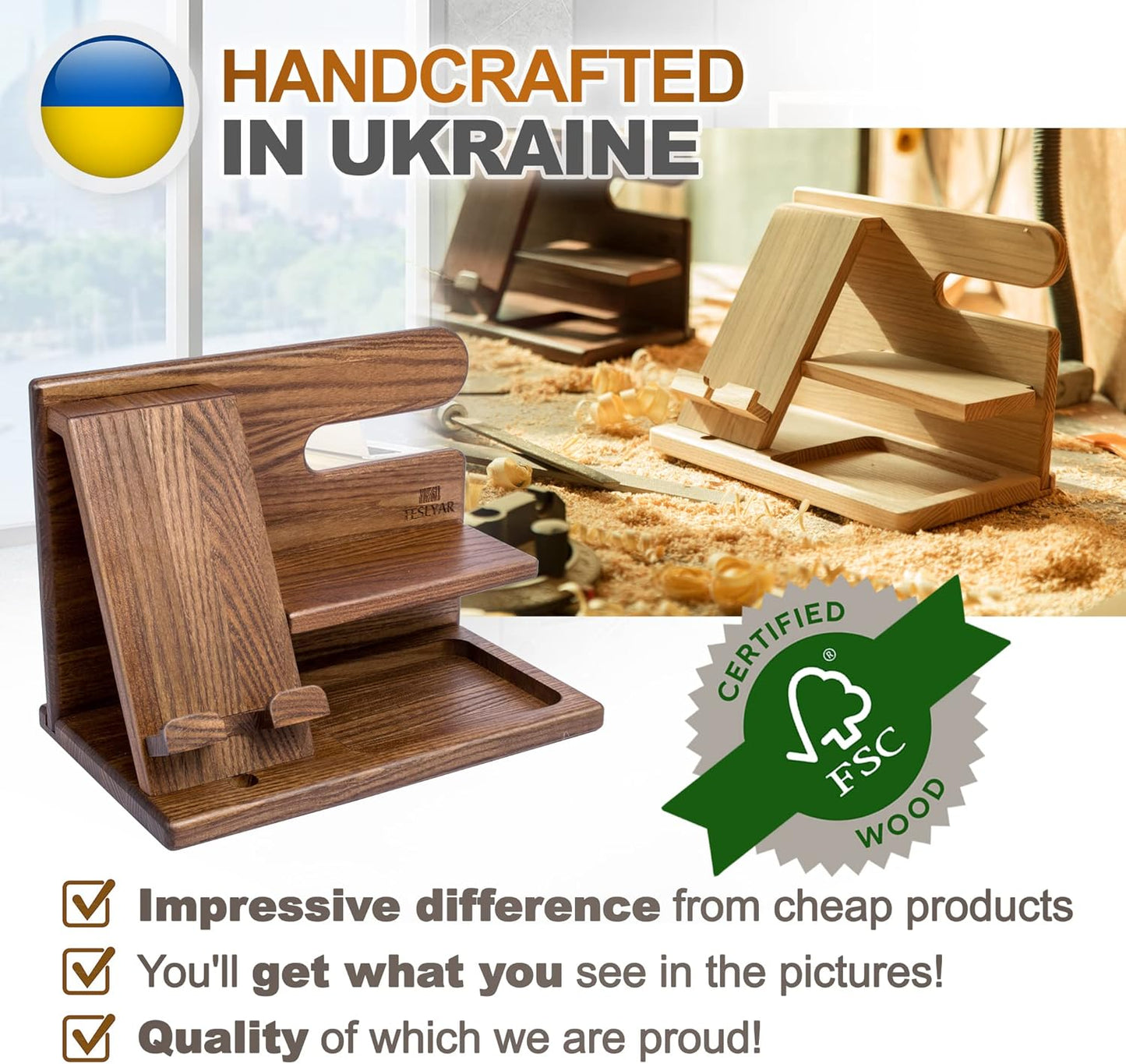 Wood Phone Docking Station - Nightstand Organizer - Desk Organizer for Husband - Gifts for Men, Dad - Idea for Anniversary from Wife - Key Holder - Stand Wallet & Watch (Beige)