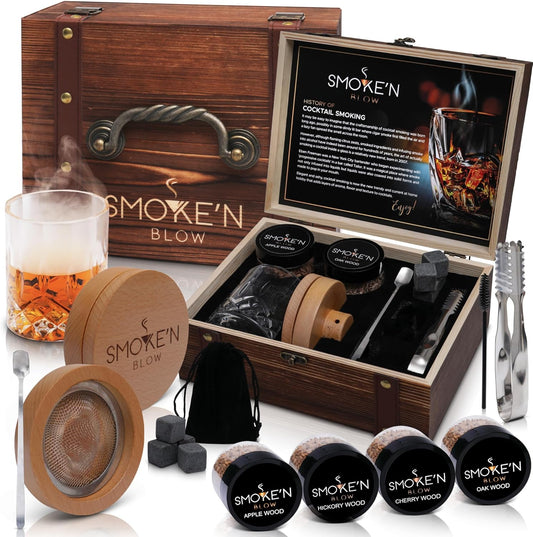 Cocktail Smoker Set. Whiskey Smoker. Cocktail Smoking Infusion Kit Featuring Whisky Smoker Glass, Wood Chips, Stones & Luxury Gift Set. Infuse Your Old Fashioned Bourbon with Smoke n Blow