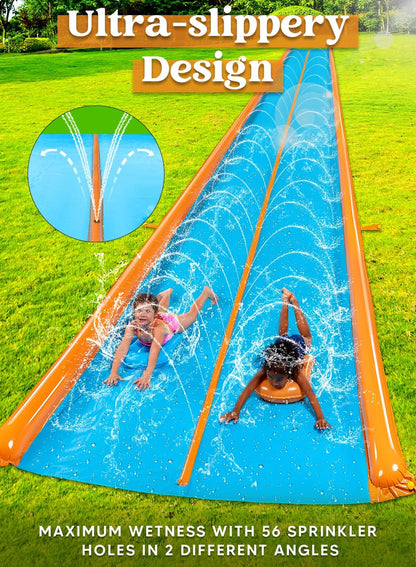 Sloosh Double Lane Water Slide,25ft x 6ft Heavy Duty Lawn Water Slip and Slide with Sprinkler and 2 Inflatable Boards for Adult Kids Party Summer Yard Outdoor Play Activities