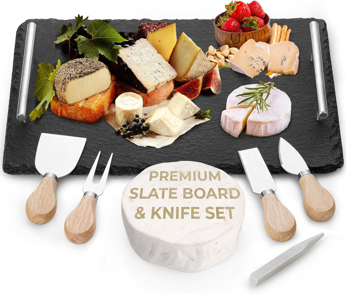 Slate Cheese Board Set - Deluxe Cheese Serving Tray with Sta