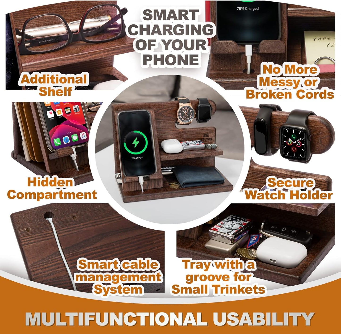 Wood Phone Docking Station - Nightstand Organizer - Desk Organizer for Husband - Gifts for Men, Dad - Idea for Anniversary from Wife - Key Holder - Stand Wallet & Watch (Beige)