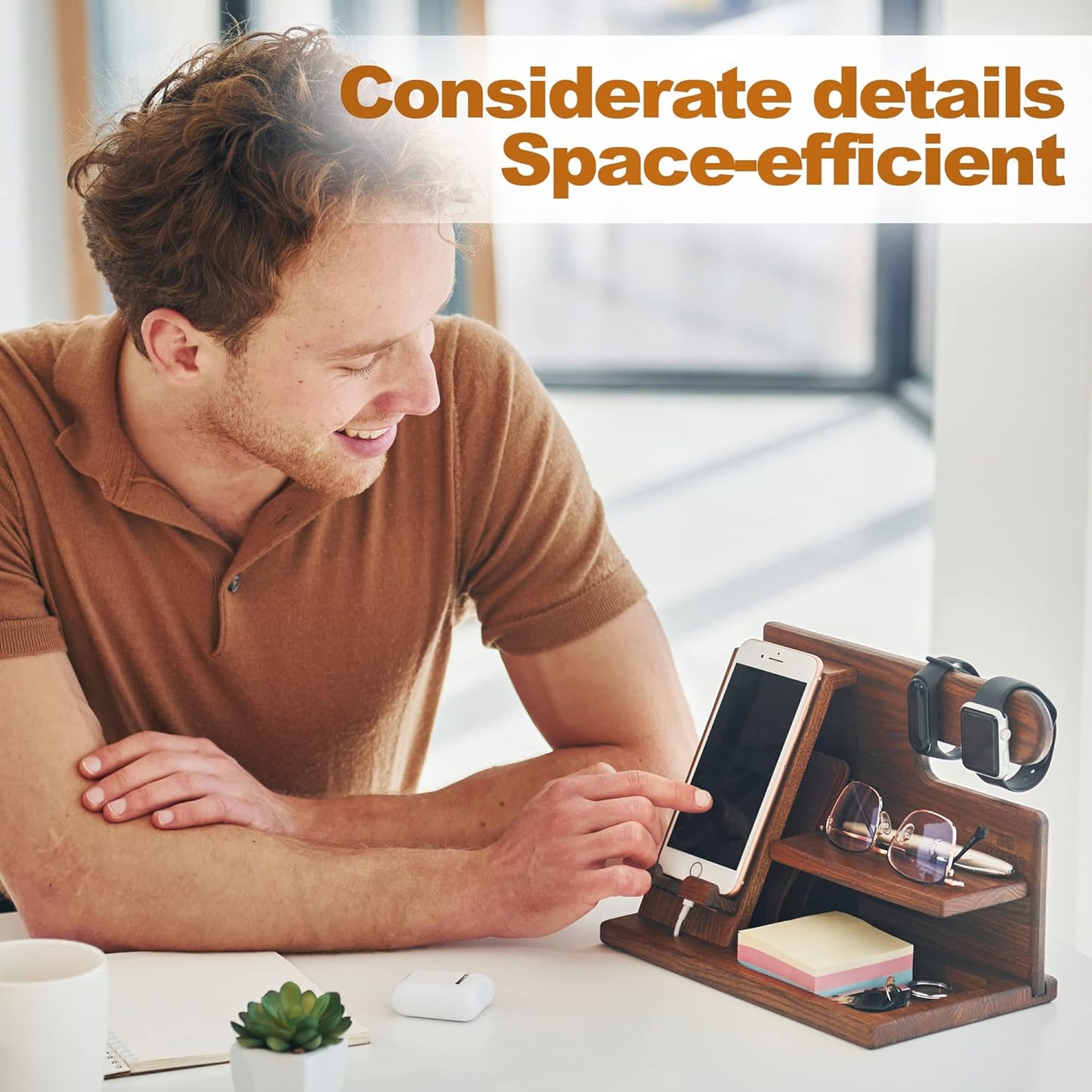 Wood Phone Docking Station - Nightstand Organizer - Desk Organizer for Husband - Gifts for Men, Dad - Idea for Anniversary from Wife - Key Holder - Stand Wallet & Watch (Beige)