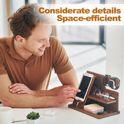 Wood Phone Docking Station - Nightstand Organizer - Desk Organizer for Husband - Gifts for Men, Dad - Idea for Anniversary from Wife - Key Holder - Stand Wallet & Watch (Beige)