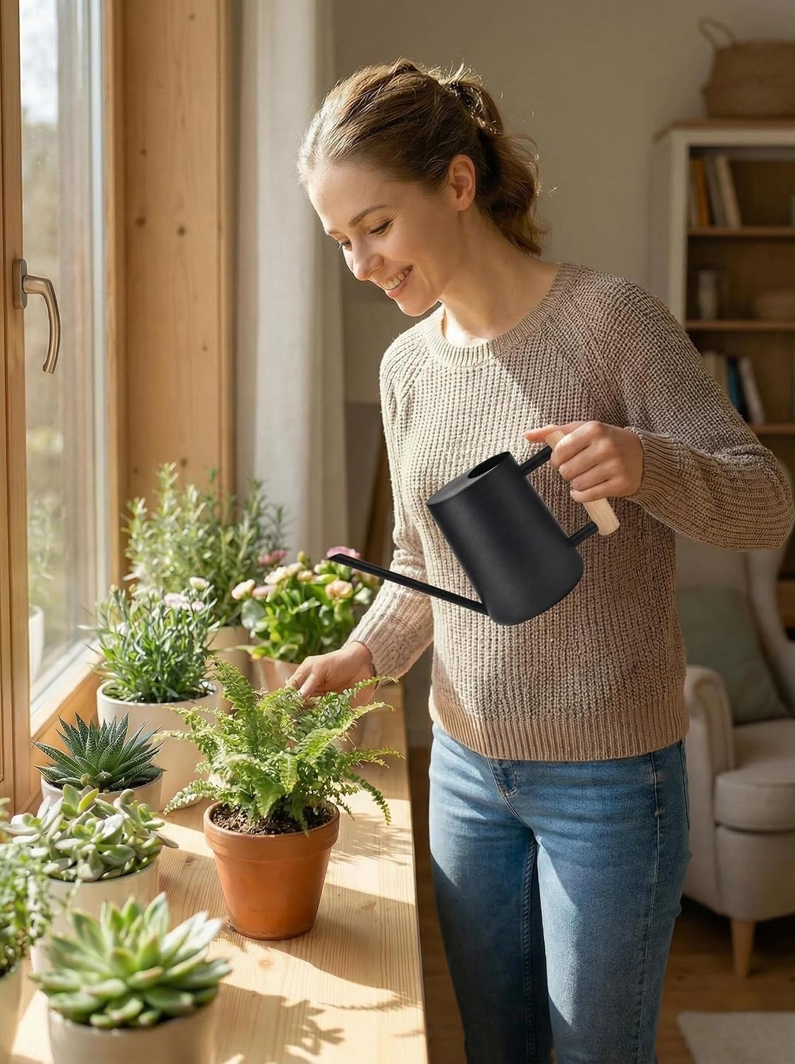 IMEEA 35oz/1000ml Indoor Watering Can Black Watering Can wit