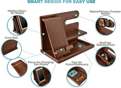 Wood Phone Docking Station - Nightstand Organizer - Desk Organizer for Husband - Gifts for Men, Dad - Idea for Anniversary from Wife - Key Holder - Stand Wallet & Watch (Beige)