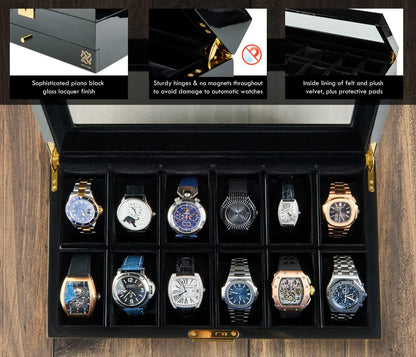 Luxury 12 Slot Watch Box Organizer, Glass Display and Metal Lock, Wide Compartments Fit Large Watches, Plush Velvet Lining, Men’s Jewelry Case, Black Piano Finish (Pearson Valet)