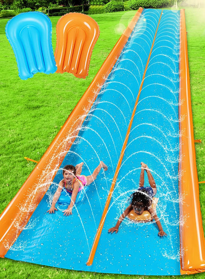 Sloosh Double Lane Water Slide,25ft x 6ft Heavy Duty Lawn Water Slip and Slide with Sprinkler and 2 Inflatable Boards for Adult Kids Party Summer Yard Outdoor Play Activities