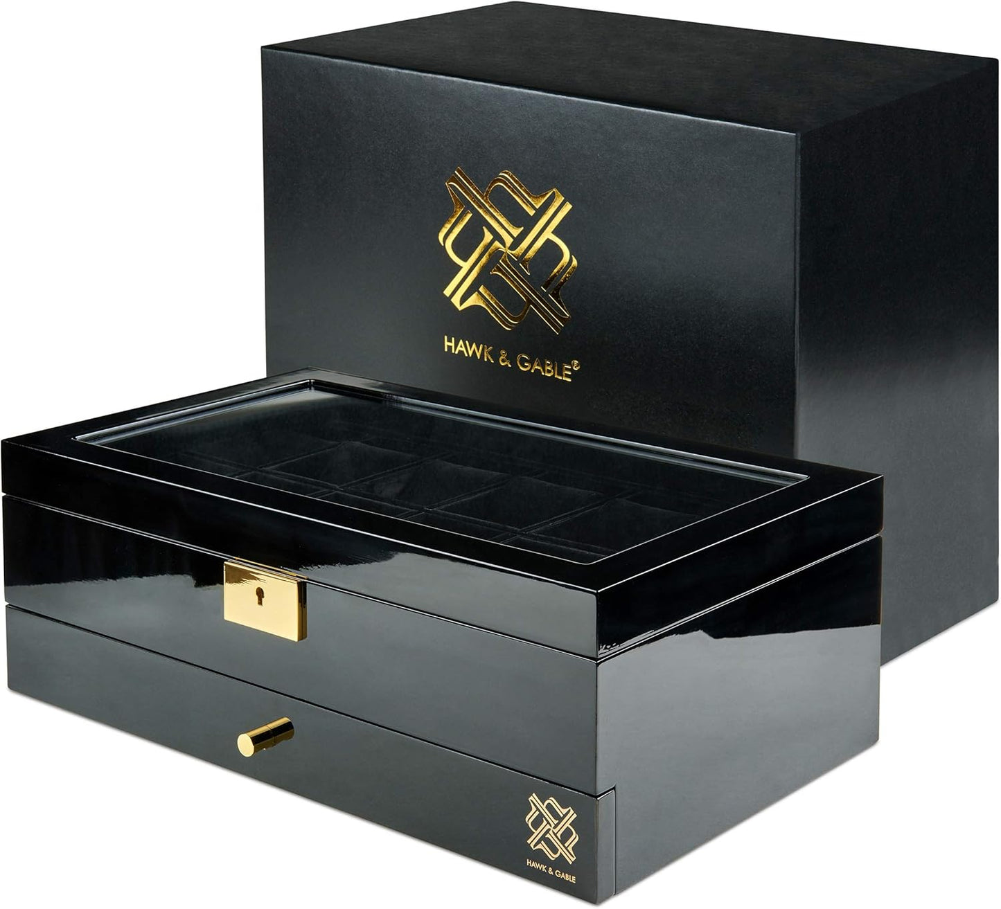 Luxury 12 Slot Watch Box Organizer, Glass Display and Metal Lock, Wide Compartments Fit Large Watches, Plush Velvet Lining, Men’s Jewelry Case, Black Piano Finish (Pearson Valet)