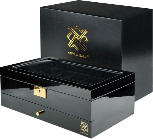 Luxury 12 Slot Watch Box Organizer, Glass Display and Metal Lock, Wide Compartments Fit Large Watches, Plush Velvet Lining, Men’s Jewelry Case, Black Piano Finish (Pearson Valet)