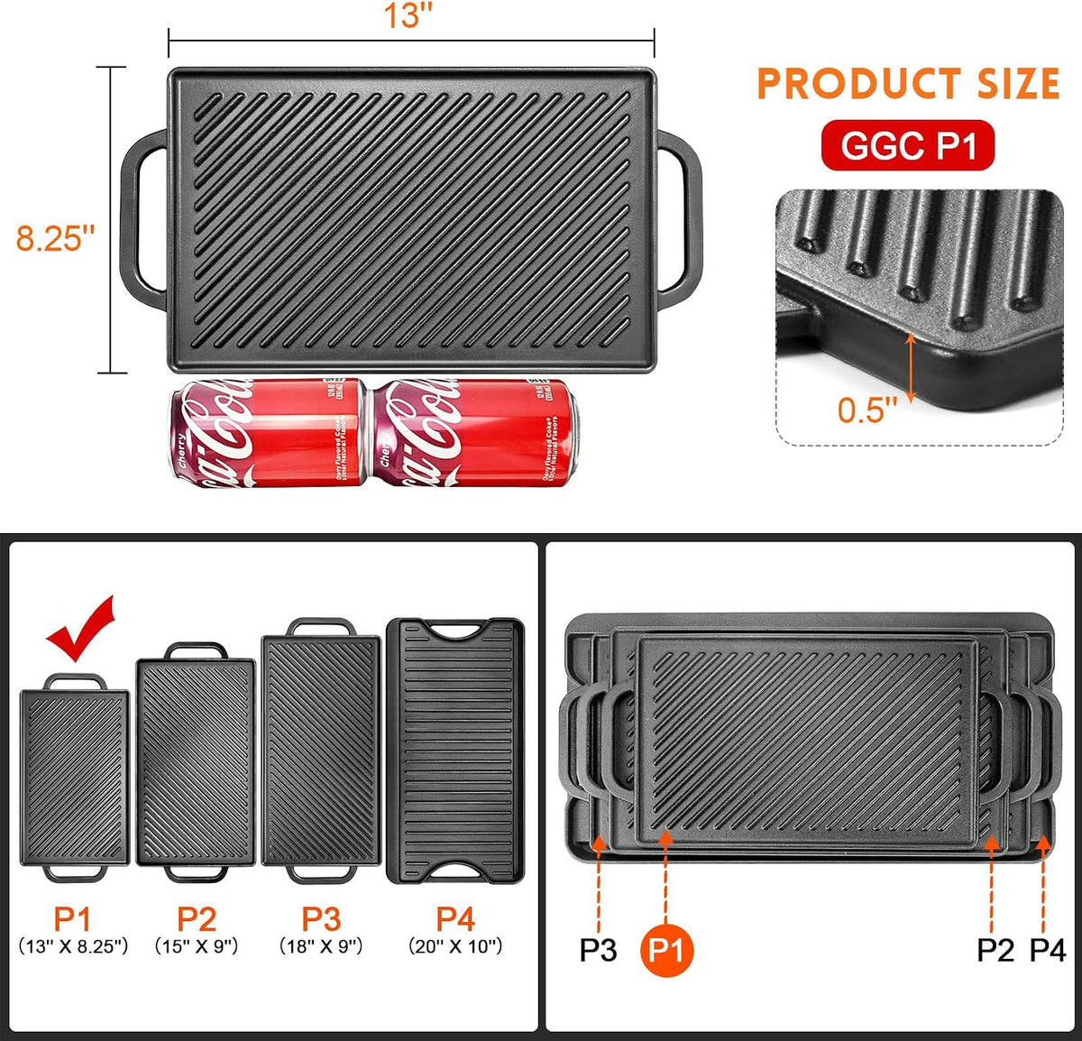 GGC Cast Iron Reversible Grill Griddle，Double Sided Grill Pa
