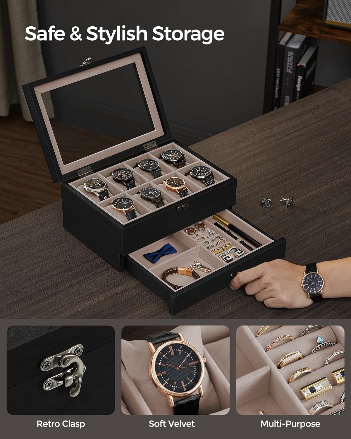 SONGMICS 8 Compartment Solid Wood Watch Box with Glass Lid