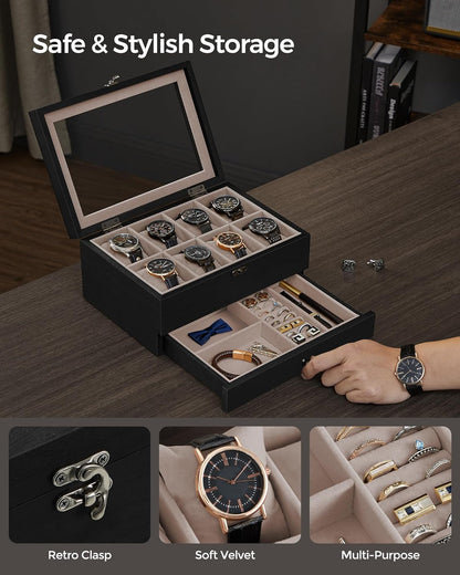 SONGMICS 8 Compartment Solid Wood Watch Box with Glass Lid