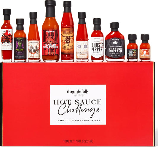 Thoughtfully Gourmet, Hot Sauce Challenge Set, Hot Sauce Variety Pack Includes Hot Sauces from Mild To Extreme Flavors, Unique Gifts for Men, Set of 10