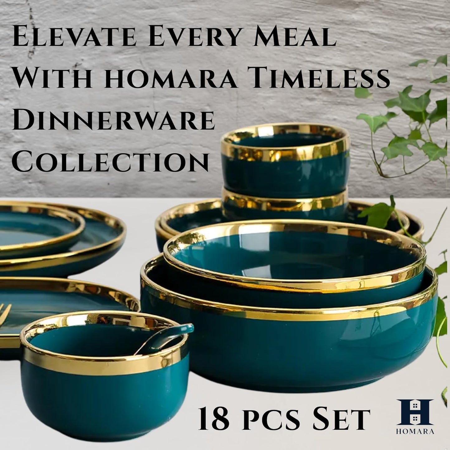 HOMARA - Green Dinner Set – 18-Piece Dinnerware Set for 4 with Gold Rim | Elegant, Durable, Microwave & Dishwasher Safe Plates, Bowls & Mugs for Home, Kitchen & Dining.