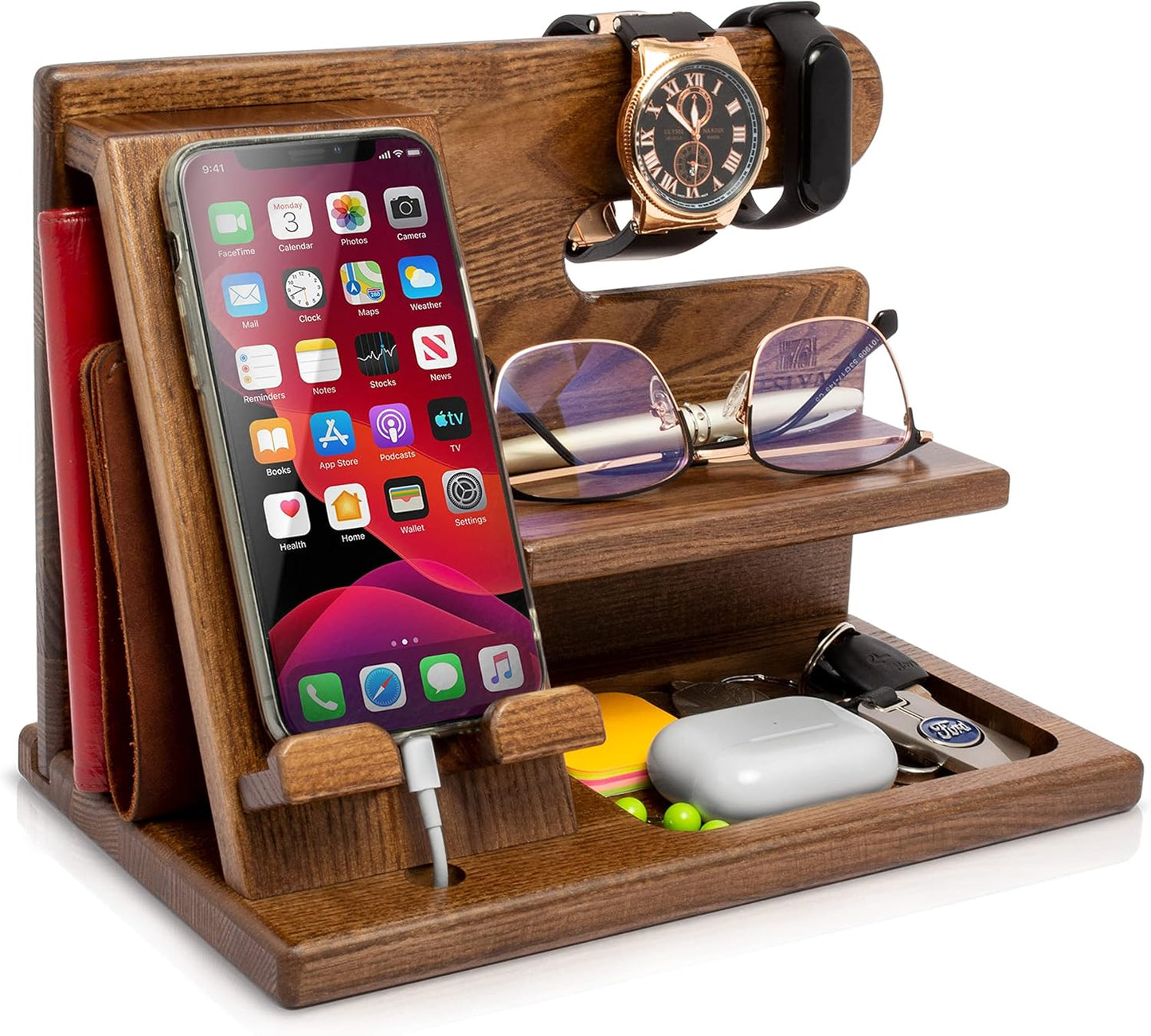 Wood Phone Docking Station - Nightstand Organizer - Desk Organizer for Husband - Gifts for Men, Dad - Idea for Anniversary from Wife - Key Holder - Stand Wallet & Watch (Beige)