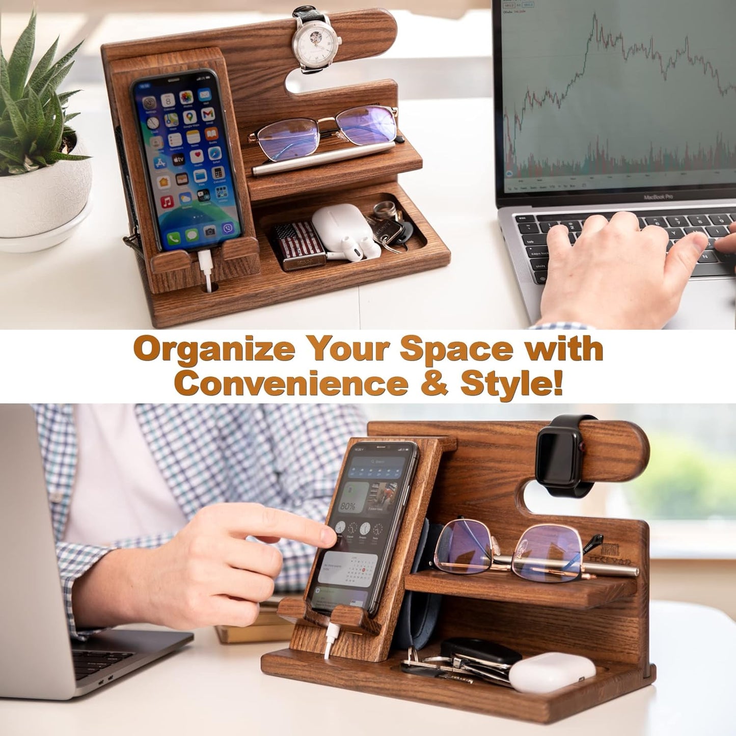Wood Phone Docking Station - Nightstand Organizer - Desk Organizer for Husband - Gifts for Men, Dad - Idea for Anniversary from Wife - Key Holder - Stand Wallet & Watch (Beige)