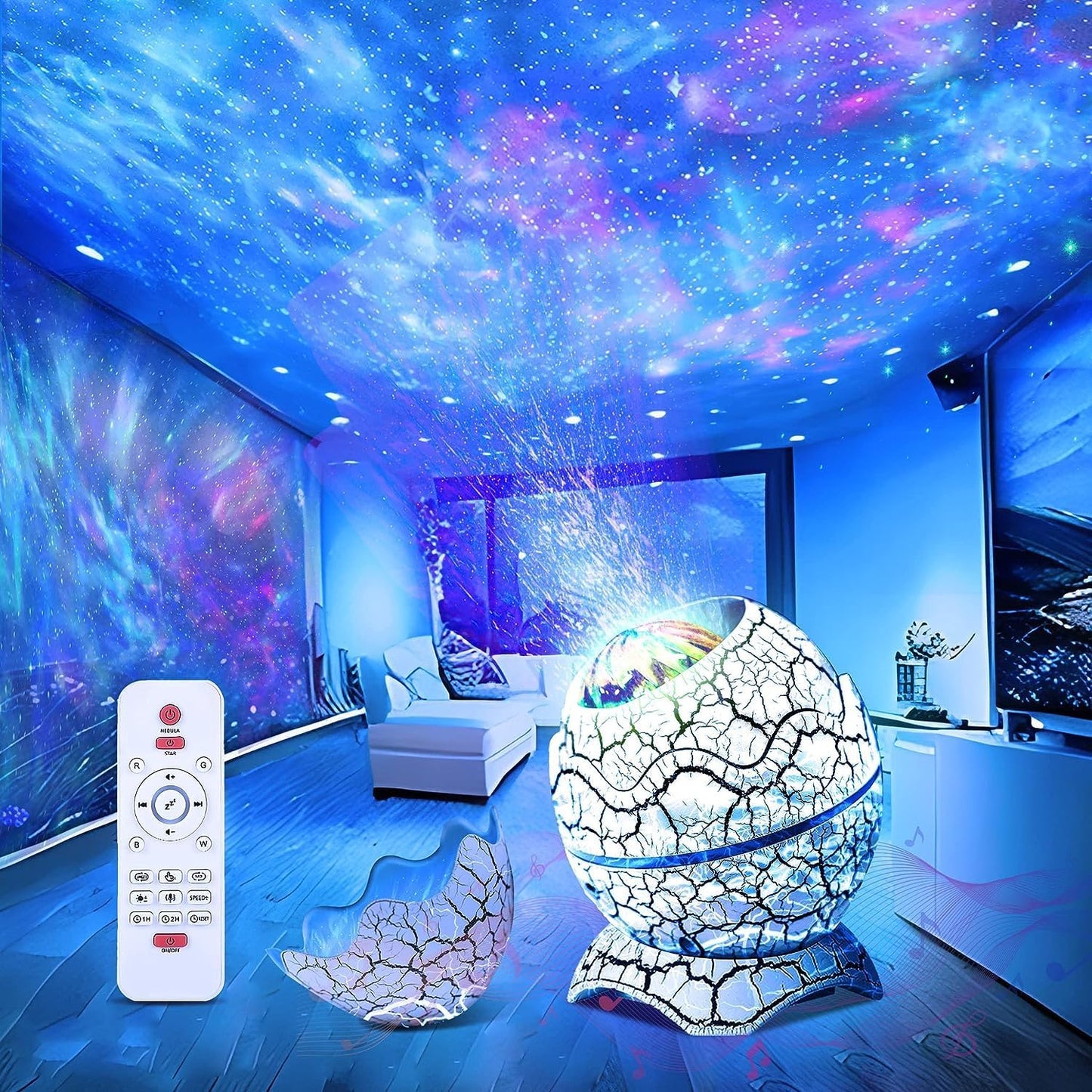 Dinosaur Egg Galaxy Projector, Star Projector Starry Light with Music Player, 14 Colors Night Light with White Noise, Nebula,Timer & Remote Control for Gaming Room, Home Theater