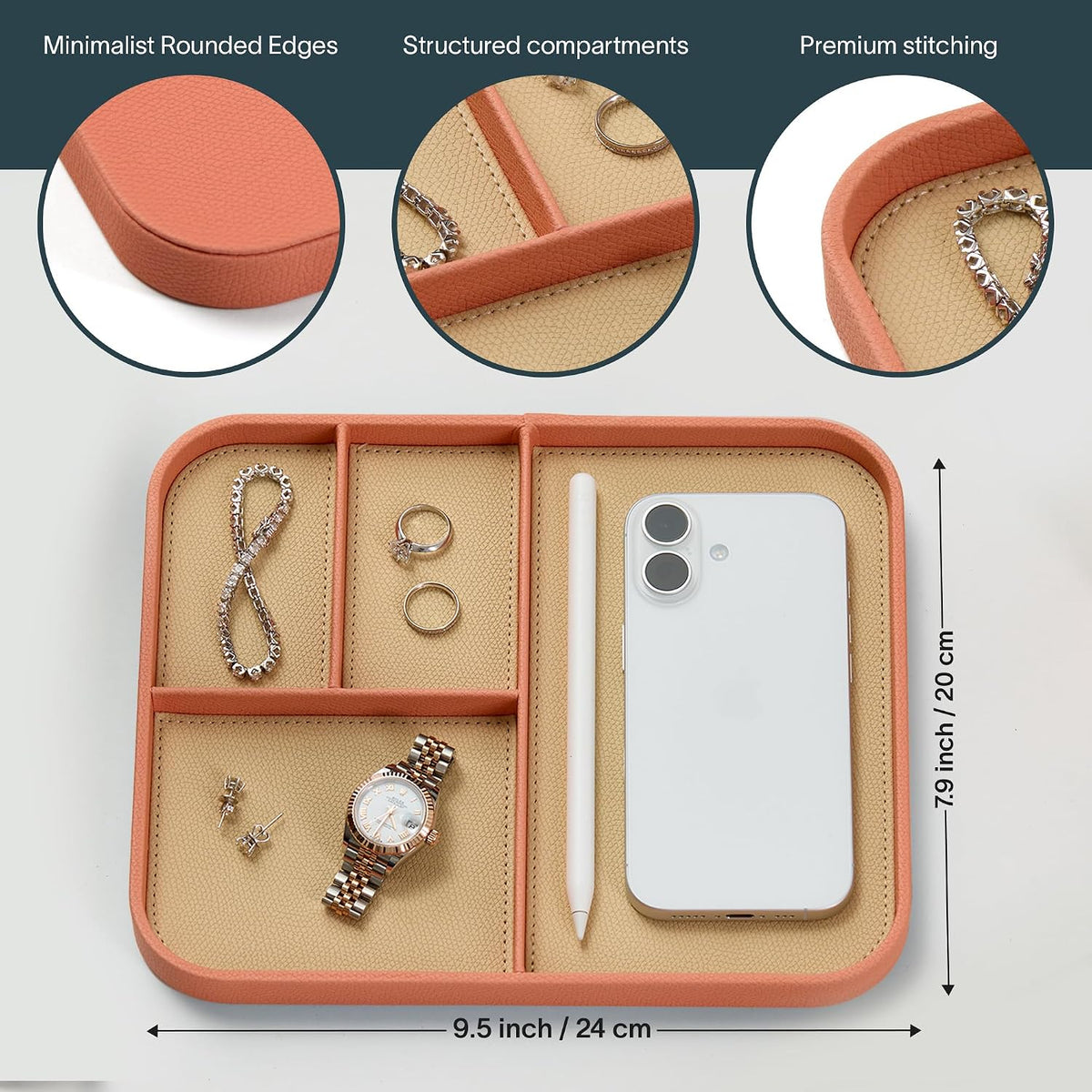 Nordik Leather Valet Tray - Medium EDC Tray - Coral Blush 24