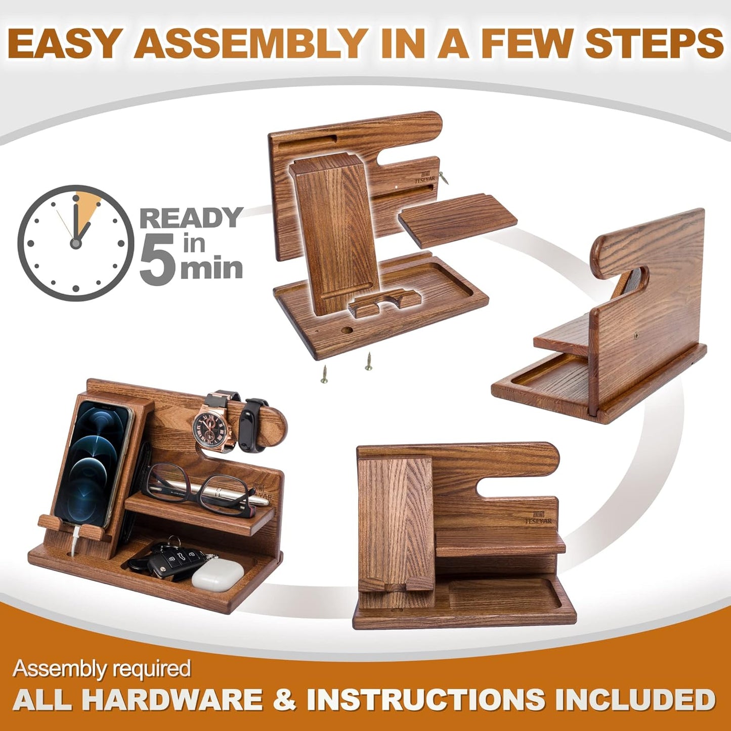 Wood Phone Docking Station - Nightstand Organizer - Desk Organizer for Husband - Gifts for Men, Dad - Idea for Anniversary from Wife - Key Holder - Stand Wallet & Watch (Beige)