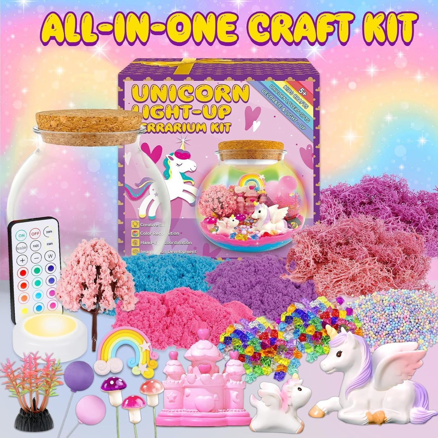SPANKAR Unicorn Toys for Girls,Kids Light UP Terrarium Kit,LED Night Light with Remote,DIY Art & Crafts Science Kit,Best Easter Birthday Gifts for Girls Age 3 4 5 6 7 8 9 10 Year Old