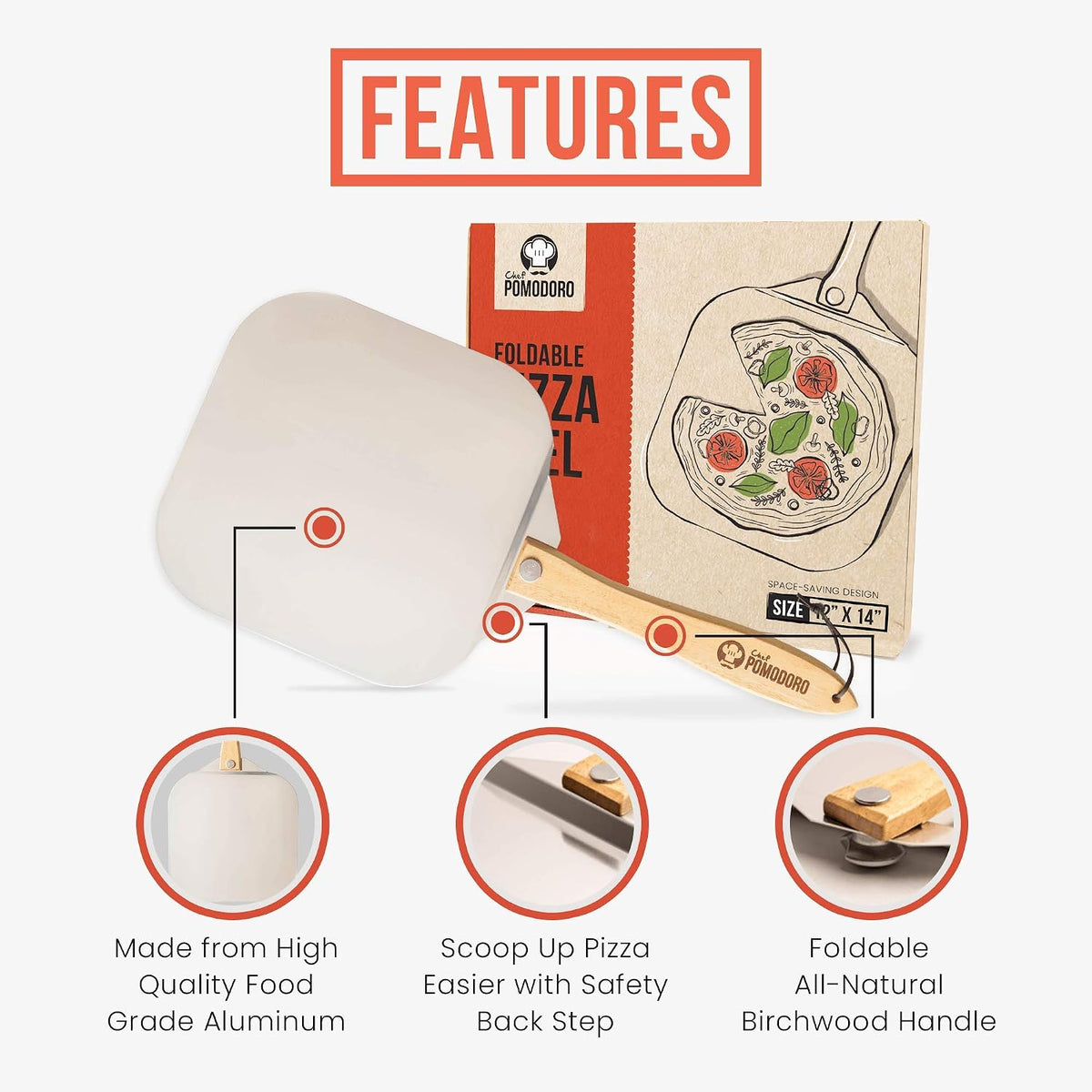 Chef Pomodoro Aluminum Metal Pizza Peel with Foldable Wood H