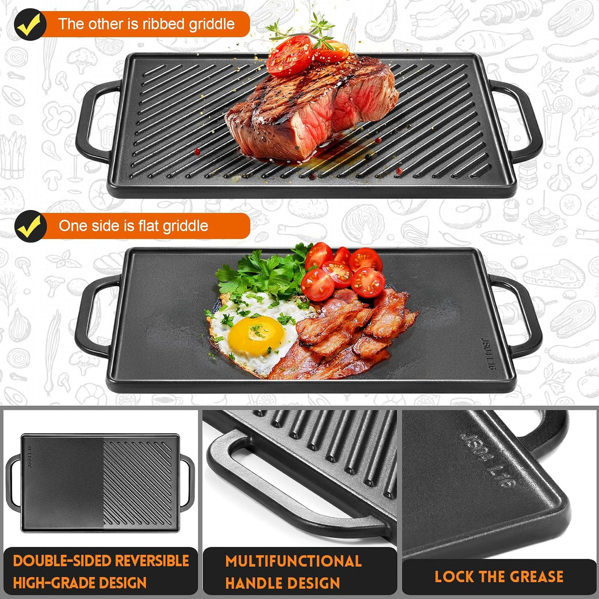 GGC Cast Iron Reversible Grill Griddle，Double Sided Grill Pa