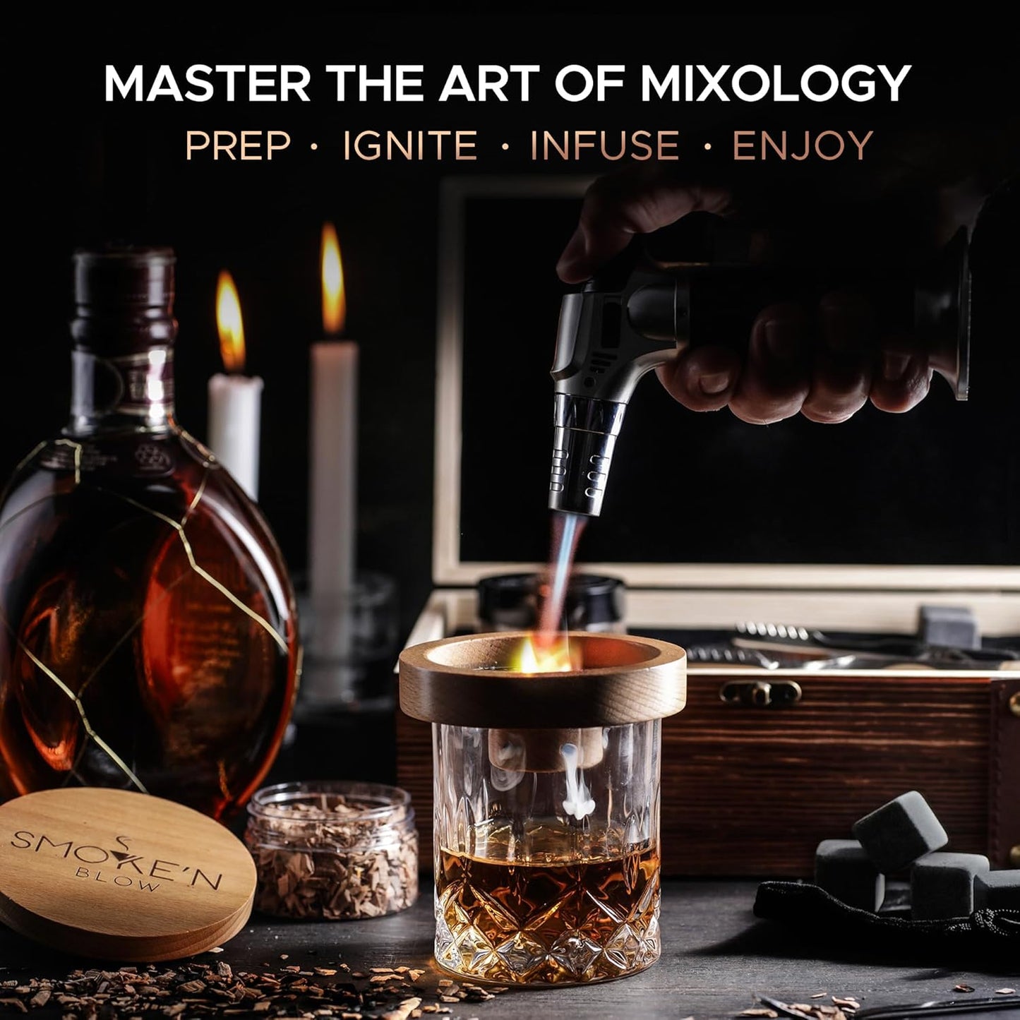 Cocktail Smoker Set. Whiskey Smoker. Cocktail Smoking Infusion Kit Featuring Whisky Smoker Glass, Wood Chips, Stones & Luxury Gift Set. Infuse Your Old Fashioned Bourbon with Smoke n Blow