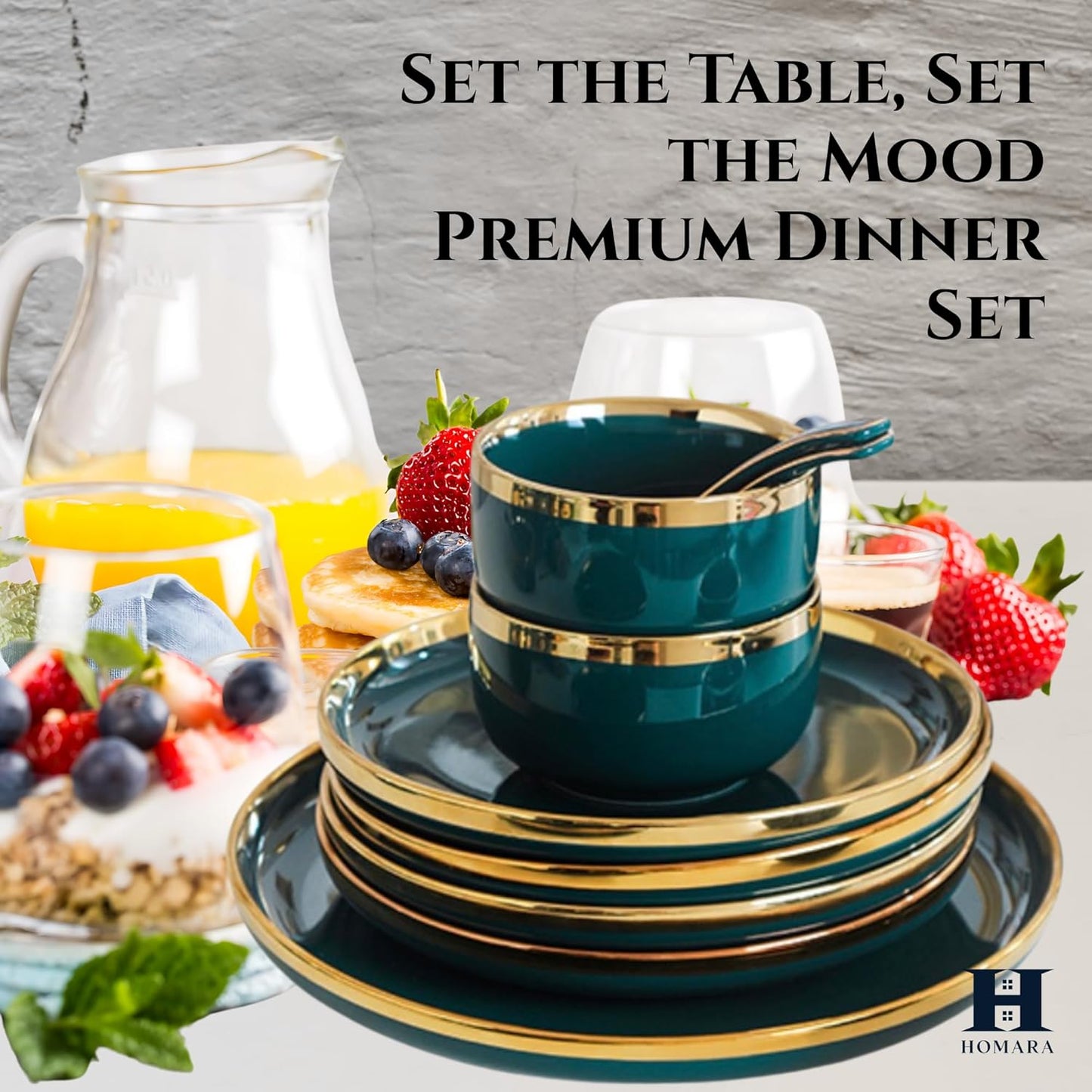 HOMARA - Green Dinner Set – 18-Piece Dinnerware Set for 4 with Gold Rim | Elegant, Durable, Microwave & Dishwasher Safe Plates, Bowls & Mugs for Home, Kitchen & Dining.