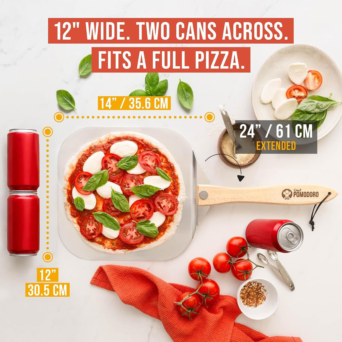Chef Pomodoro Aluminum Metal Pizza Peel with Foldable Wood H